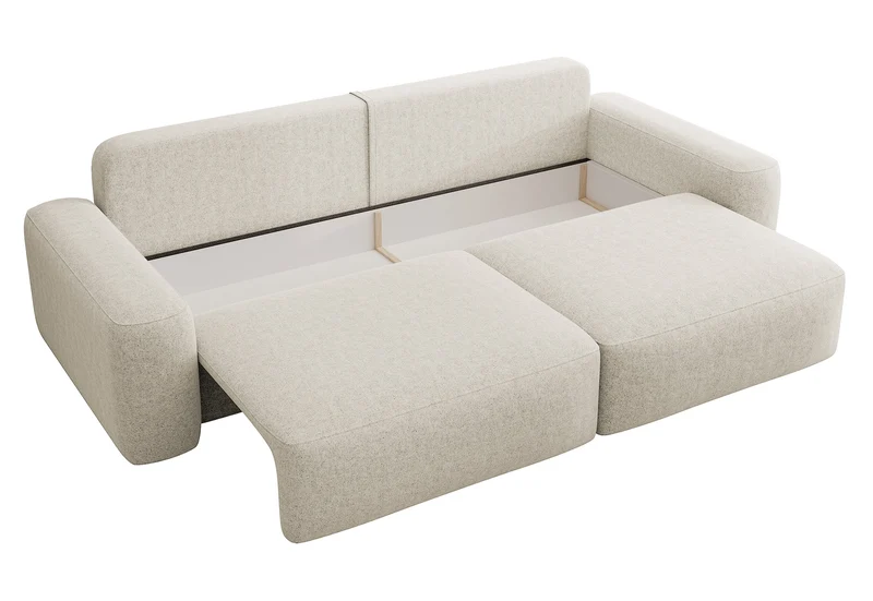 Dreisitziges ausklappbares Sofa Carnos, cremefarben, hydrophober Chenille-Stoff, schwarze Beine