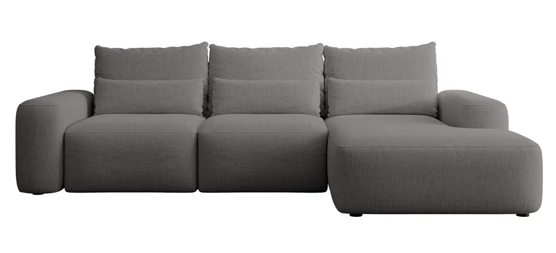 Ecksofa mit Schlaffunktion Carnos, L-förmig, mit zusätzlichen Lendenkissen, dunkelgrauer hydrophober Chenille, rechtsseitig