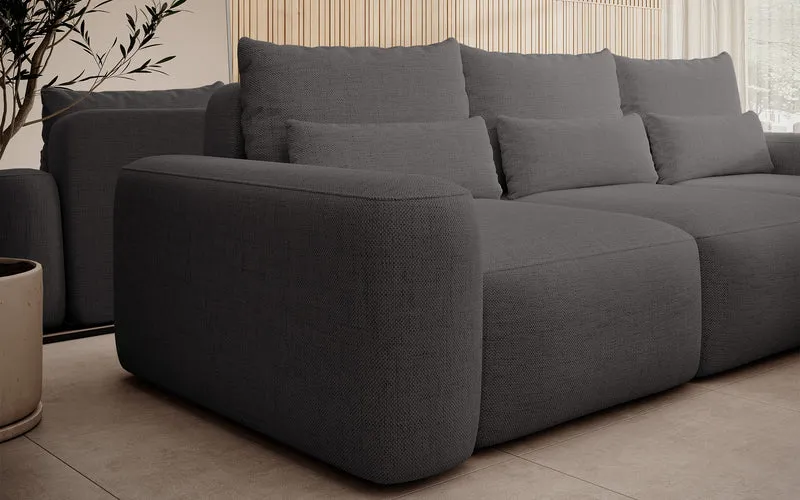 Ecksofa mit Schlaffunktion Carnos, L-förmig, mit zusätzlichen Lendenkissen, dunkelgrauer hydrophober Chenille, rechtsseitig