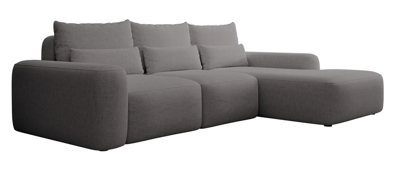 Ecksofa mit Schlaffunktion Carnos, L-förmig, mit zusätzlichen Lendenkissen, dunkelgrauer hydrophober Chenille, rechtsseitig