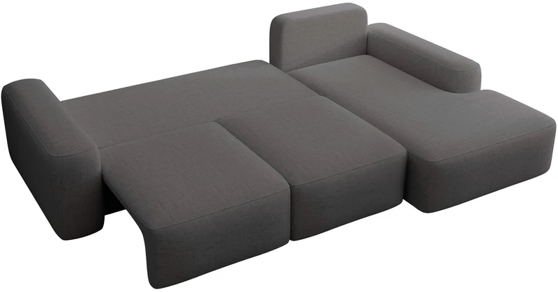 Ecksofa mit Schlaffunktion Carnos, L-förmig, mit Ball, einzelne Kissen, dunkelgrauer hydrophober Chenille-Stoff, rechtsseitig