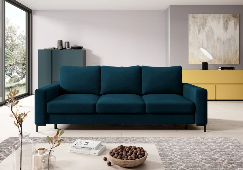 Dreisitziges ausklappbares Sofa Mokpeo mit Stauraum, dunkelblauer Samtvelours