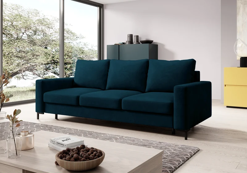 Dreisitziges ausklappbares Sofa Mokpeo mit Stauraum, dunkelblauer Samtvelours