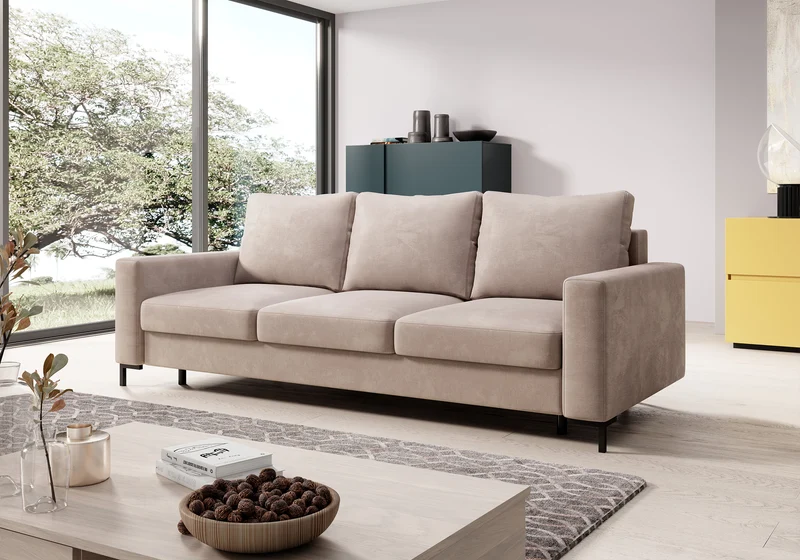 Dreisitziges Schlafsofa Mokpeo mit Stauraum, beige Samt