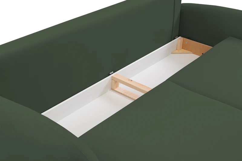 Ausziehbare Bafra-Sofa mit Schlaffunktion und Bettkasten, olivgrüner Samt