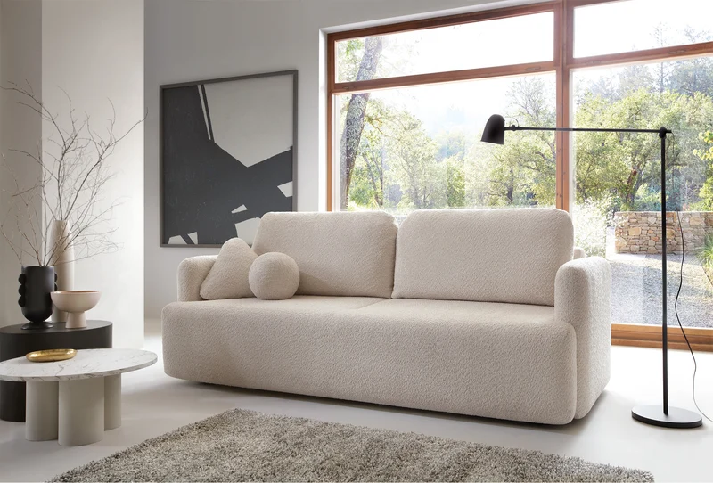Dreisitziges ausklappbares Sofa Lambina mit Stauraum, beige Bouclé
