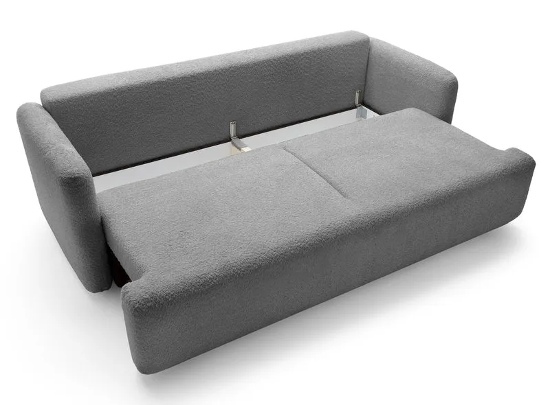 Dreisitziges ausklappbares Sofa Lambina mit Stauraum, graues Bouclé