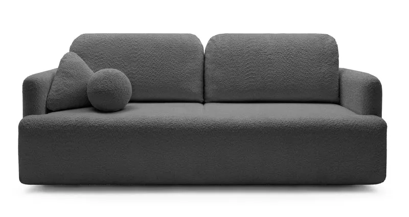 Dreisitziges Schlafsofa Lambina mit Stauraum, dunkelgrauer Bouclé-Stoff