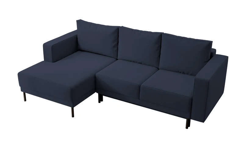 Ecksofa mit Schlaffunktion Rodario mini, L-förmig, mit Stauraum, marineblauer samtartiger, leicht zu reinigender Stoff, linksseitig