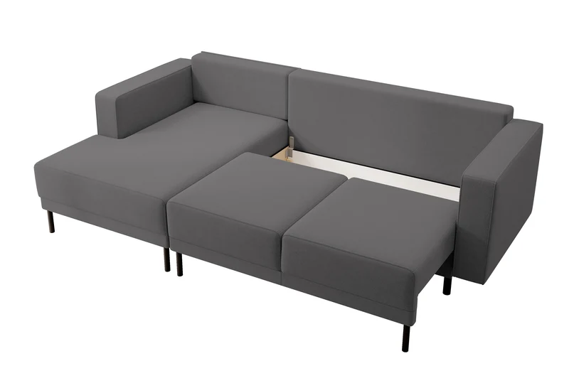 Ecksofa mit Schlaffunktion Rodario Mini, L-förmig, mit Stauraum, dunkelgrauer, leicht zu reinigender Samt, linksseitig