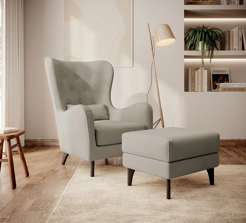 Fußhocker Calmino Ohrensessel grau-beige aus wasserabweisendem Samtstoff, Beine in Wenge-Farbe
