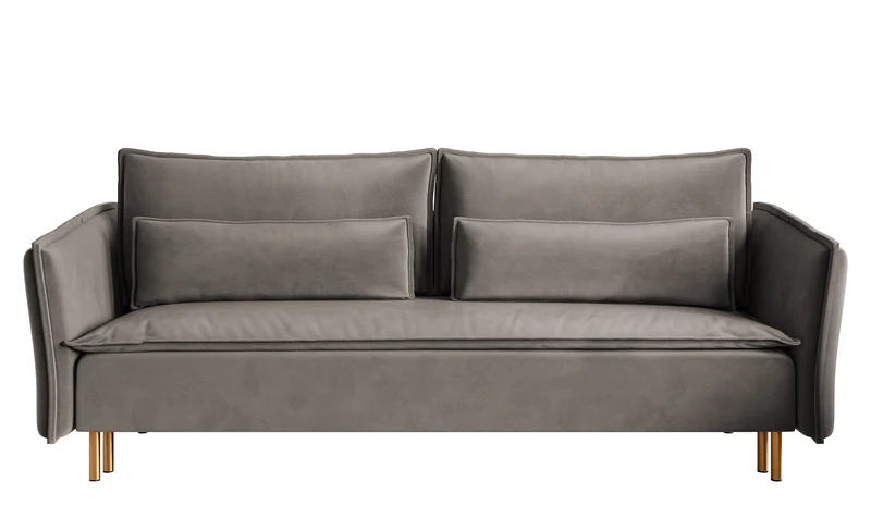 Dreisitziges ausklappbares Sofa Ummo in Grau mit Stauraum aus hydrophobem Samtstoff und goldenen Beinen