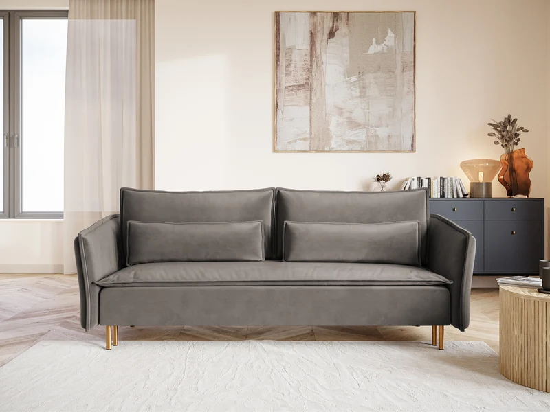 Dreisitziges ausklappbares Sofa Ummo in Grau mit Stauraum aus hydrophobem Samtstoff und goldenen Beinen