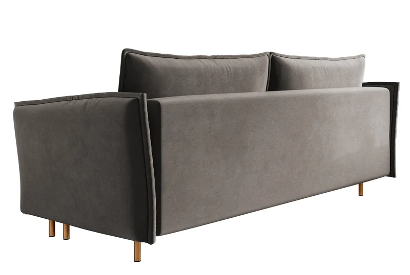 Dreisitziges ausklappbares Sofa Ummo in Grau mit Stauraum aus hydrophobem Samtstoff und goldenen Beinen