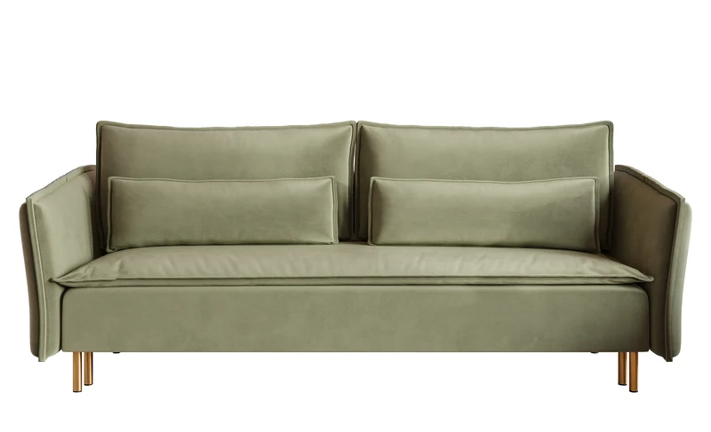 Dreisitziges ausklappbares Sofa Ummo in Salbeigrün mit Stauraum, aus hydrophobem Veloursstoff, goldene Beine