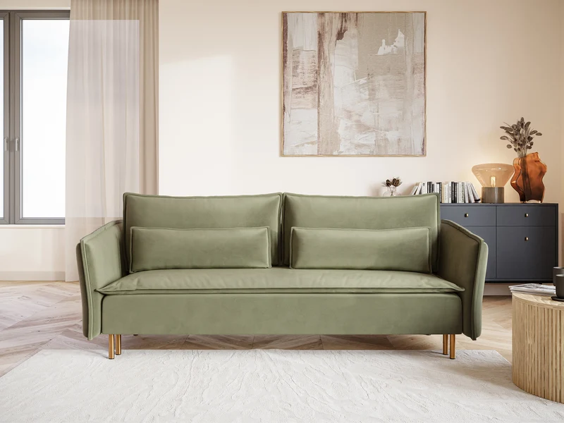 Dreisitziges ausklappbares Sofa Ummo in Salbeigrün mit Stauraum, aus hydrophobem Veloursstoff, goldene Beine