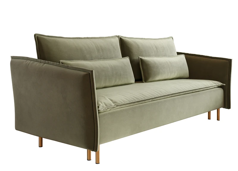 Dreisitziges ausklappbares Sofa Ummo in Salbeigrün mit Stauraum, aus hydrophobem Veloursstoff, goldene Beine