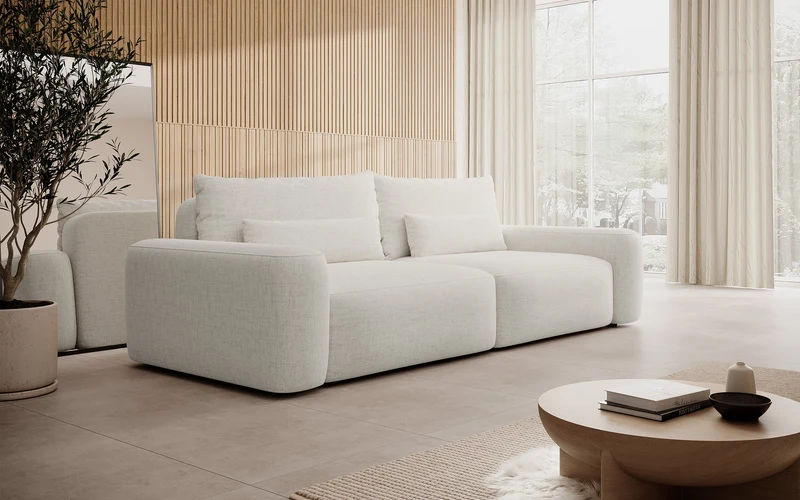 Dreisitziges ausklappbares Sofa Carnos, cremefarben, hydrophober Chenille-Stoff, schwarze Beine