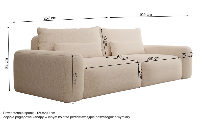 Dreisitziges ausklappbares Sofa Carnos, cremefarben, hydrophober Chenille-Stoff, schwarze Beine