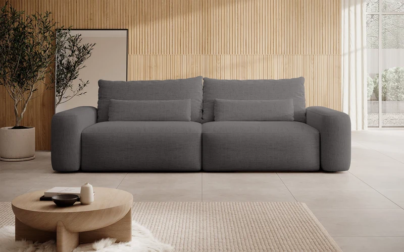 Dreisitziges ausklappbares Sofa Carnos, dunkelgrauer Chenille-Stoff, hydrophob, schwarze Beine