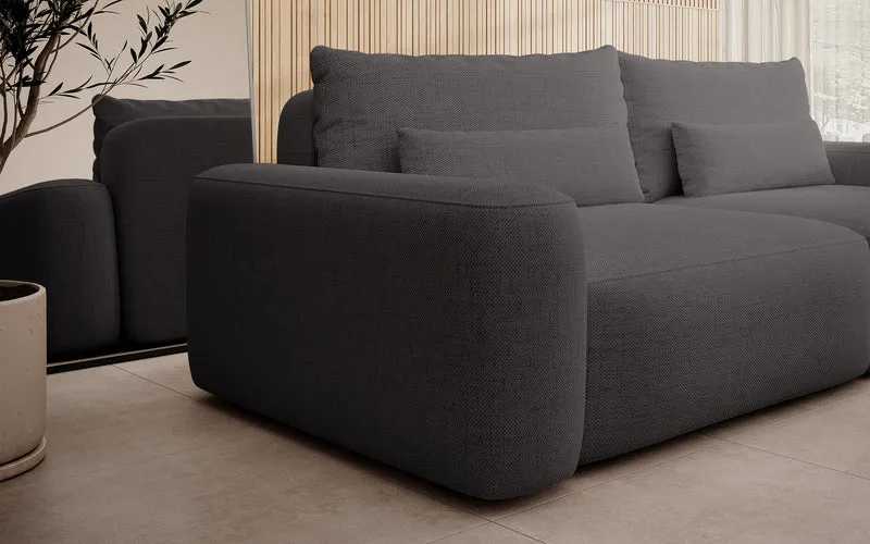 Dreisitziges ausklappbares Sofa Carnos, dunkelgrauer Chenille-Stoff, hydrophob, schwarze Beine