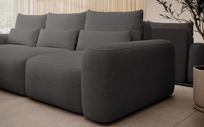 Ecksofa mit Schlaffunktion Carnos, L-förmig, mit zusätzlichen Lendenkissen, dunkelgrauer hydrophober Chenille-Stoff, linksseitig
