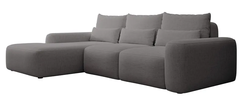 Ecksofa mit Schlaffunktion Carnos, L-förmig, mit zusätzlichen Lendenkissen, dunkelgrauer hydrophober Chenille-Stoff, linksseitig