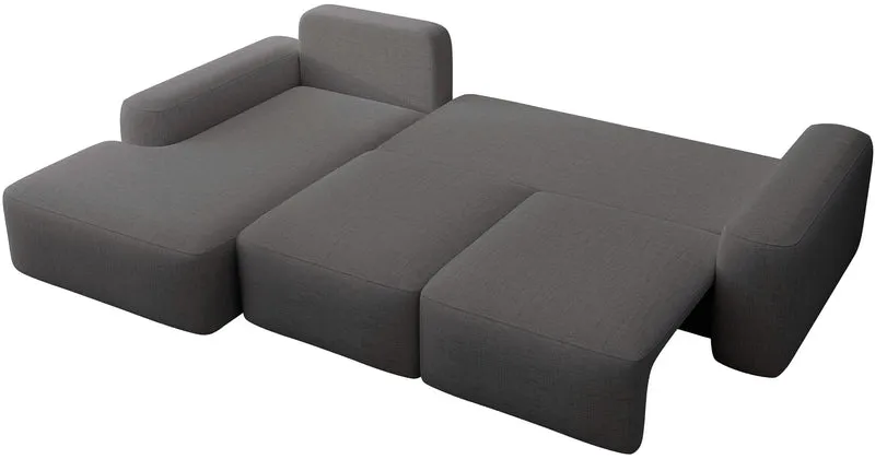 Ecksofa mit Schlaffunktion Carnos, L-förmig mit Ball, einzelne Kissen, dunkelgrauer hydrophober Chenille, linksseitig