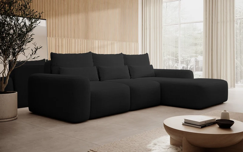 Ecksofa mit Schlaffunktion Carnos, L-förmig, mit zusätzlichen Lendenkissen, schwarzer hydrophober Chenille, rechtsseitig