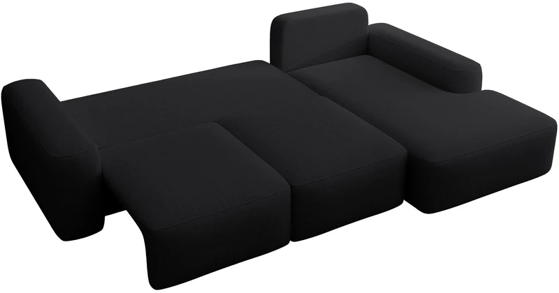 Ecksofa mit Schlaffunktion Carnos, L-förmig mit Ball, einzelne Kissen, schwarzer hydrophober Chenille-Stoff, rechtsseitig