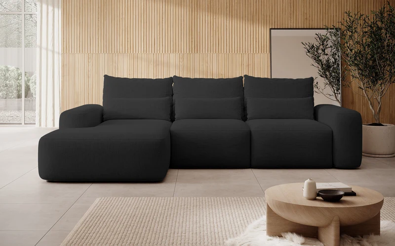 Ecksofa mit Schlafunktion Carnos, L-förmig, mit zusätzlichen Lendenkissen, schwarzer hydrophober Chenille, linksseitig