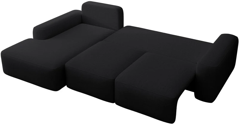 Ecksofa mit Schlafunktion Carnos L-förmig mit Ball, einzelne Kissen, schwarzer hydrophober Chenille, linksseitig