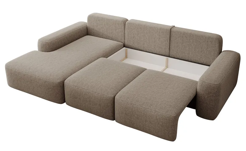 Ecksofa mit Schlaffunktion Carnos, L-förmig, mit zusätzlichen Lendenkissen, hellbrauner hydrophober Chenille-Stoff, linksseitig