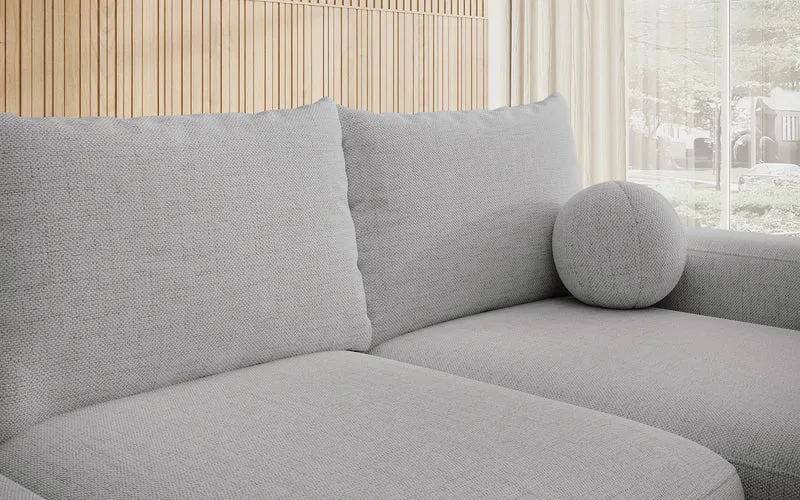 Ecksofa mit Schlaffunktion Carnos, L-förmig mit Ball, einzelne Kissen, grauer hydrophober Chenille, rechtsseitig