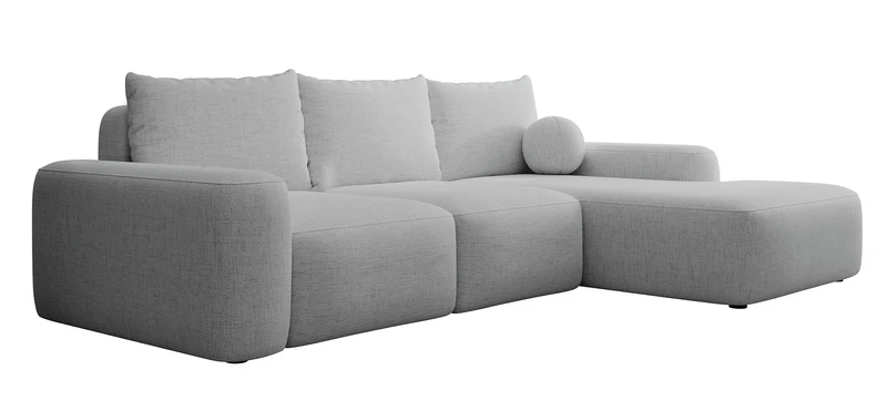 Ecksofa mit Schlaffunktion Carnos, L-förmig mit Ball, einzelne Kissen, grauer hydrophober Chenille, rechtsseitig