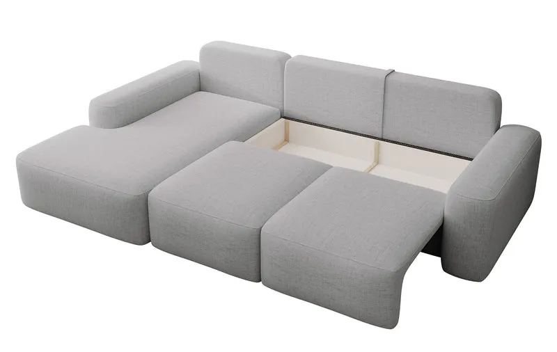 Ecksofa mit Schlaffunktion Carnos L-förmig mit Ball, einzelne Kissen, grauer hydrophober Chenille, linksseitig