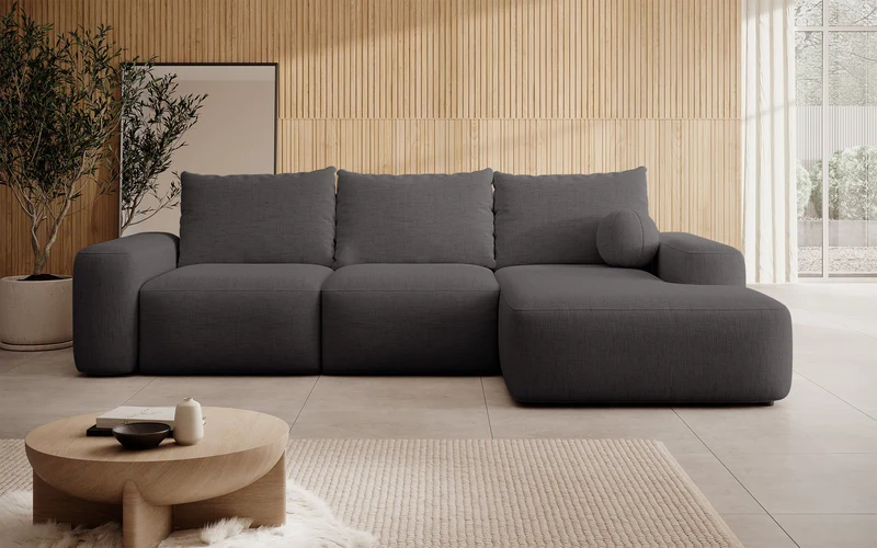 Ecksofa mit Schlaffunktion Carnos, L-förmig, mit Ball, einzelne Kissen, dunkelgrauer hydrophober Chenille-Stoff, rechtsseitig