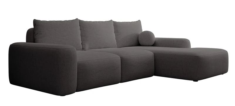 Ecksofa mit Schlaffunktion Carnos, L-förmig, mit Ball, einzelne Kissen, dunkelgrauer hydrophober Chenille-Stoff, rechtsseitig