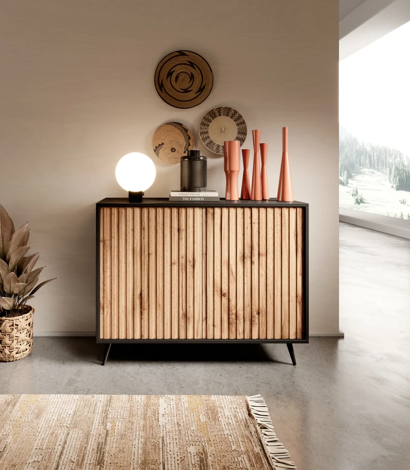 Kommode Bello mit Lamellenfronten 104 cm schwarz/Wotan-Eiche