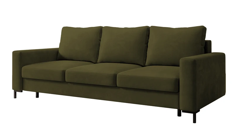 Dreisitziges ausklappbares Sofa Mokpeo mit Stauraum, olivgrüner Samtbezug
