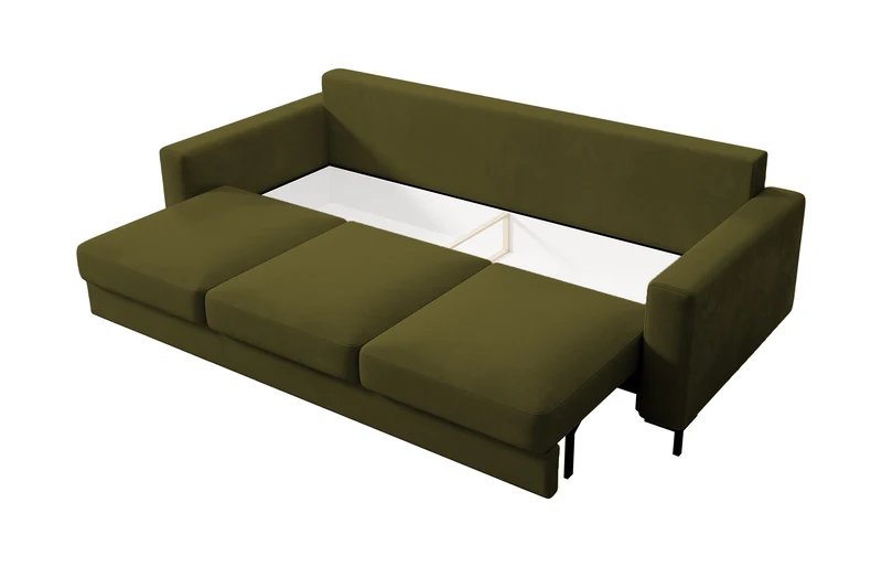 Dreisitziges ausklappbares Sofa Mokpeo mit Stauraum, olivgrüner Samtbezug