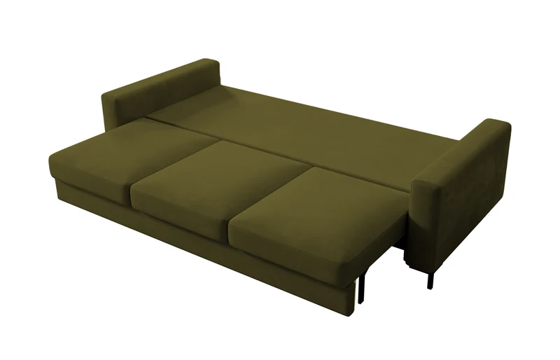 Dreisitziges ausklappbares Sofa Mokpeo mit Stauraum, olivgrüner Samtbezug