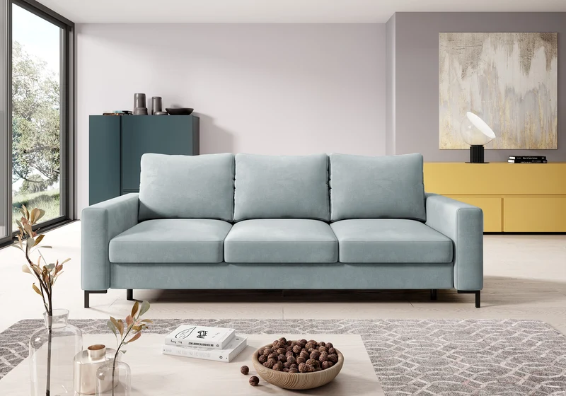 Drei-Sitzer-Schlafsofa Mokpeo mit Stauraum, grauer, leicht zu reinigender Samtbezug