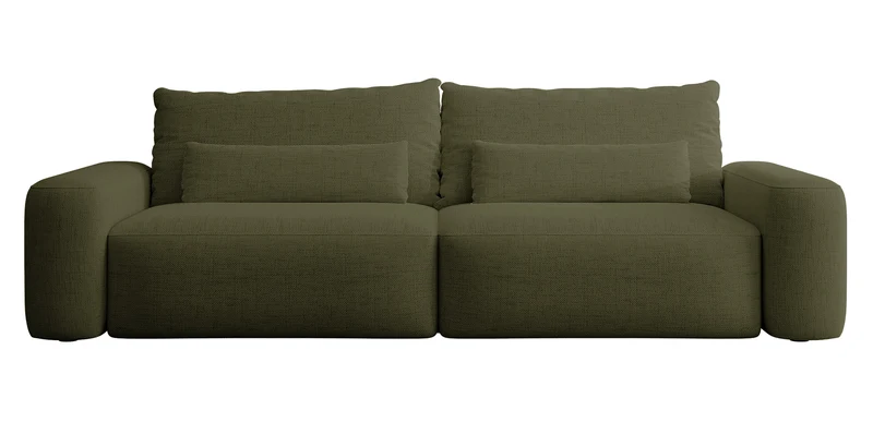 Dreisitziges ausklappbares Sofa Carnos, olivgrüner Chenille-Stoff, hydrophob, schwarze Beine