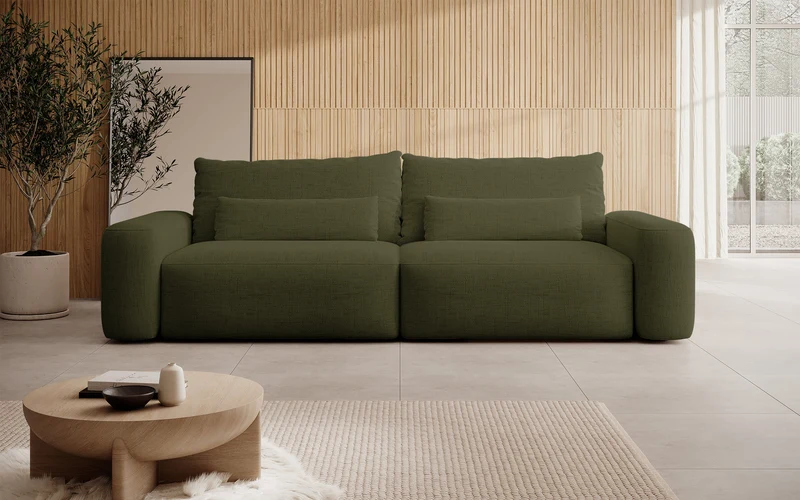 Dreisitziges ausklappbares Sofa Carnos, olivgrüner Chenille-Stoff, hydrophob, schwarze Beine