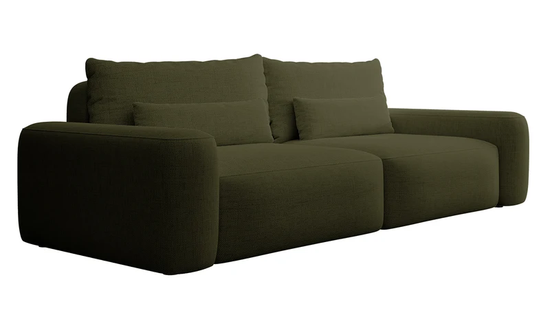 Dreisitziges ausklappbares Sofa Carnos, olivgrüner Chenille-Stoff, hydrophob, schwarze Beine