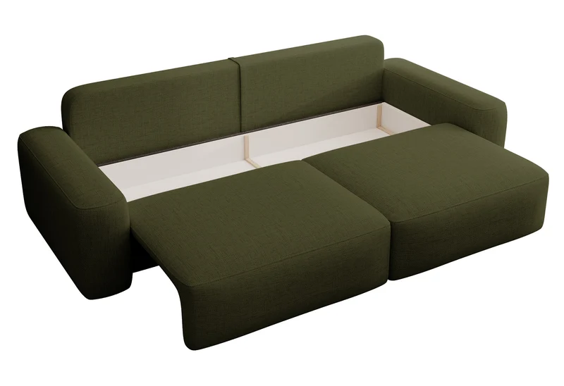 Dreisitziges ausklappbares Sofa Carnos, olivgrüner Chenille-Stoff, hydrophob, schwarze Beine