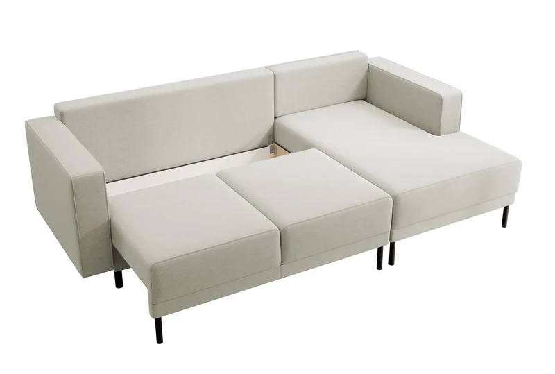 Ecksofa mit Schlafunktion Rodario Mini, L-förmig, mit Stauraum, hellbeiger, pflegeleichter Samt, rechtsseitig