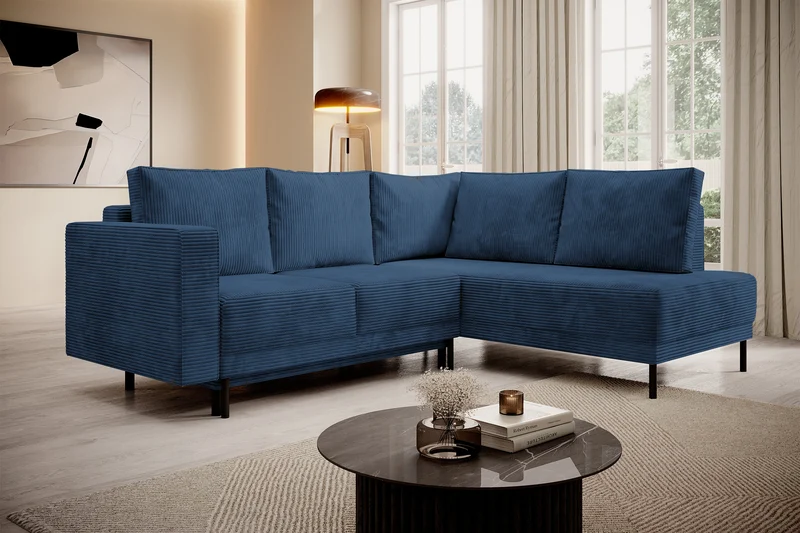 Ecksofa Rodario mit Schlaffunktion und Bettkasten, dunkelblauer Cord, rechtsseitig