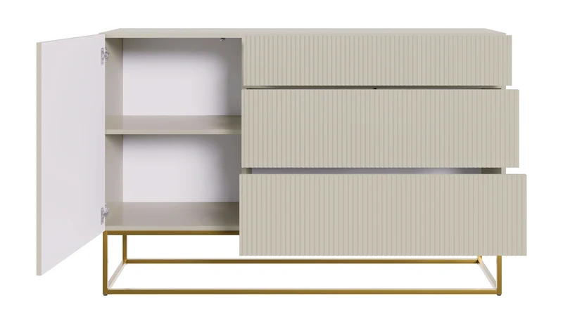 Einzeltür-Kommode Veldio mit gefräster Front und drei Schubladen, 140 cm, grau-beige mit goldenen Beinen